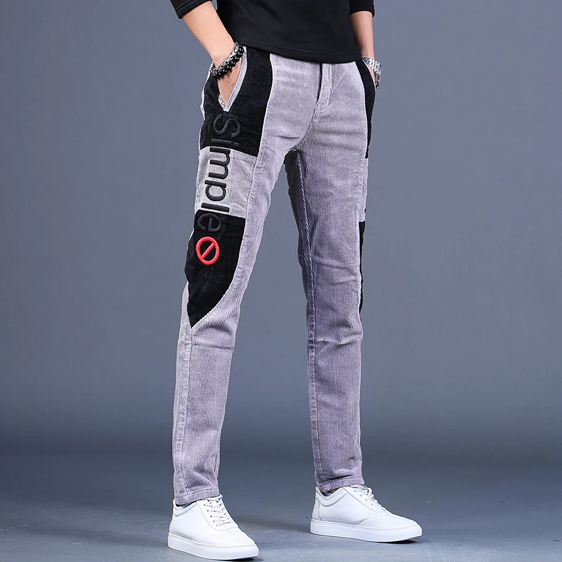 Men\'s Embroidery Patchwork Corduroy Pants Autumn Fashion Casual Gray Straight Leg Trousers