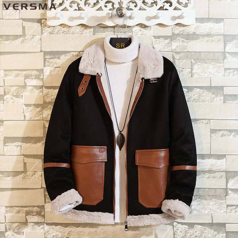 

VERSMA Korean Trendy Slim Fit Rabbit Fur Jacket Coat Men Parka Winter Fleece Wool Padded PU Patchwork Short Parkas Men Women 5XL