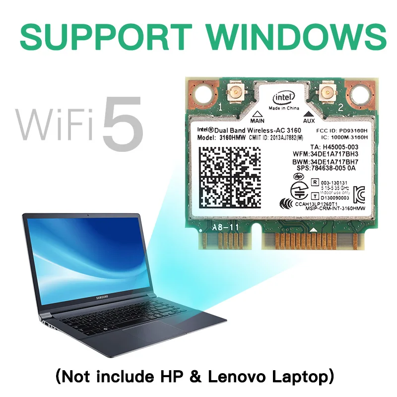 Dual Band 433Mbps 2.4G/5Ghz 802.11ac Wireless Mini PCI-e Wifi Card 3160HMW Bluetooth-compatible 4.0 For PC Laptop Windows 7/8/10