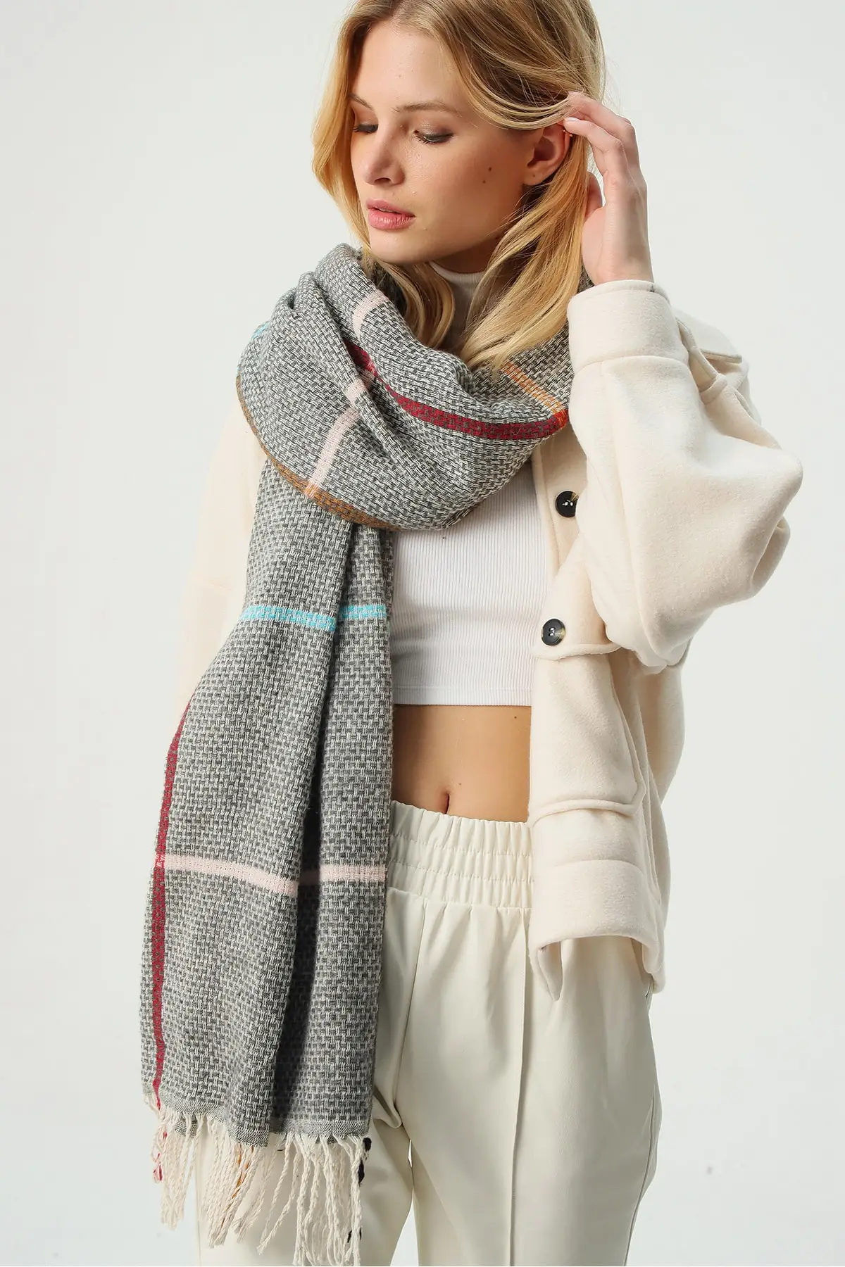 Women's Gray Wool Blended Pattern Shawl ALC-A2068