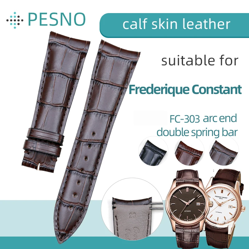 PESNO Calf Skin Genuine Leather Watch Bands Double Spring Bats Curved End Top Layer Leather Men Watch Straps Suitable for FC 303