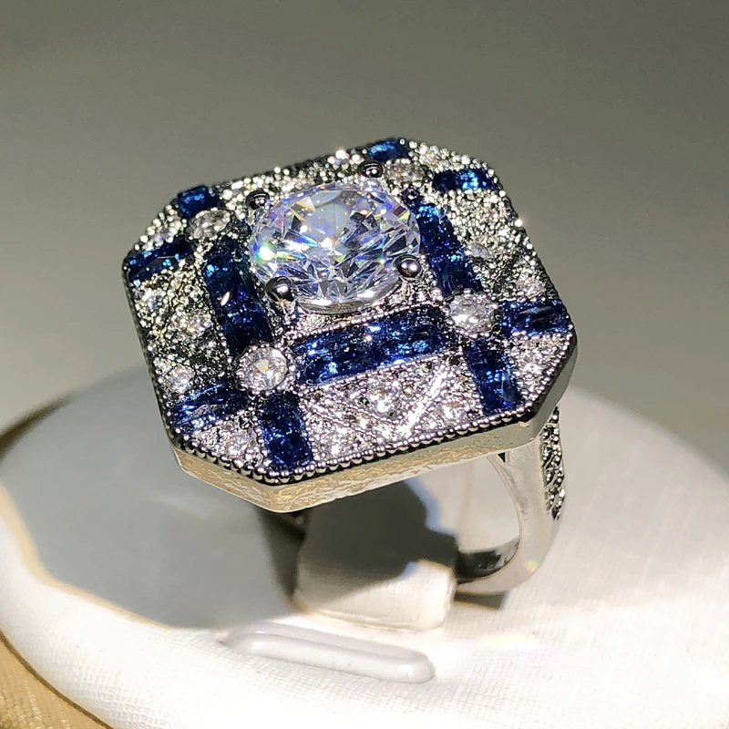 925 prata de luxo geometria grandes anéis para homens mulher azul branco zircão anel de noivado birthstone safira anel