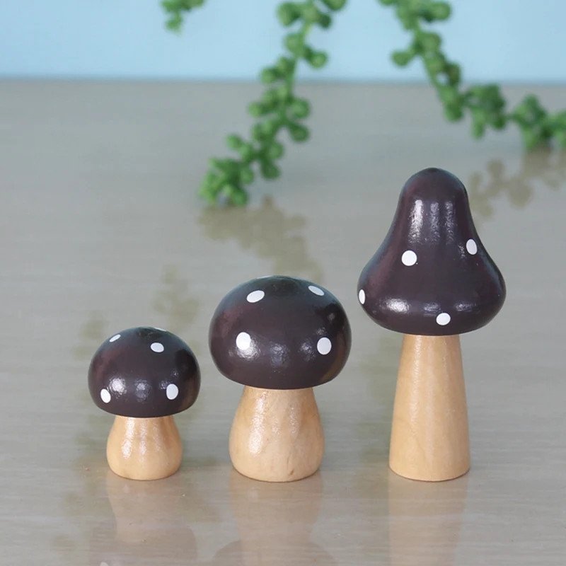 3pcs/Set Creative Cute Solid Wood Mushroom Ornaments  DIY Craft Home Garden or Miniature Potted Plants Decoration