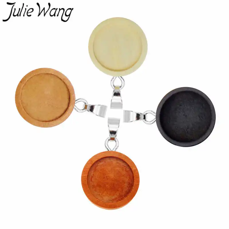 Julie Wang 4PCS Wood Round Cabochon Base Settings With Hooks Charms Blank Bezel Tray Jewelry Making Accessory Inner Size 12mm