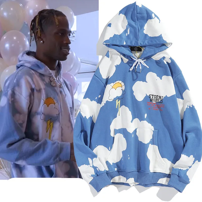 Sudadera con capucha de algodón para hombre y mujer, suéter informal con capucha, ropa Vintage, estilo Kpop Kanye Tie Dye Lightning Cloud, Harajuku,