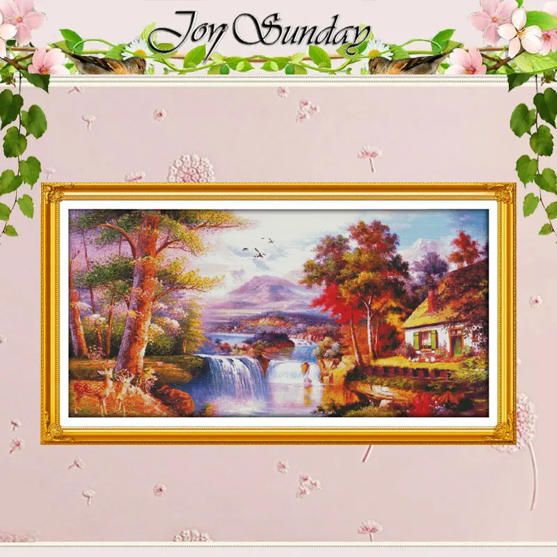 Golden Scenery (4) Patterns Counted Cross Stitch Set DIY 11CT 14CT 16CT Stamped DMC Cross-stitch Kit Embroidery Needlework