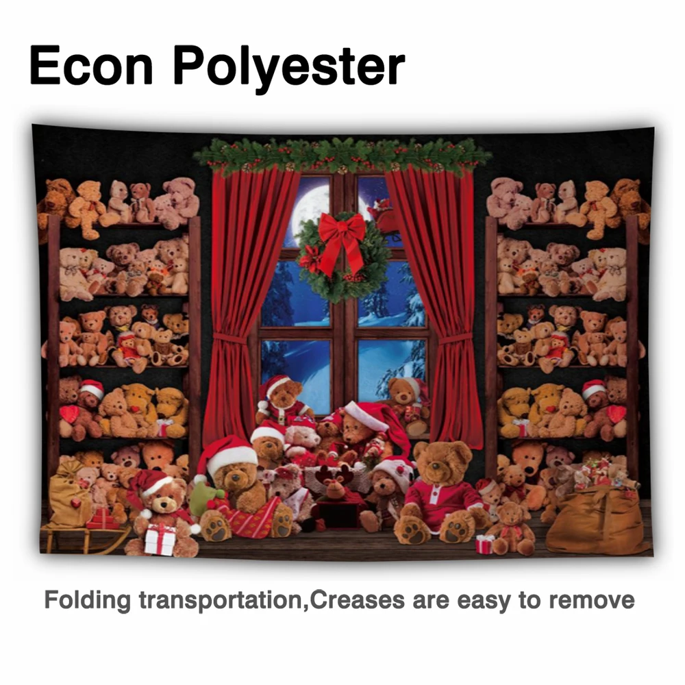 Allenjoy Christmas Party ฉากหลังของเล่นหมีผ้าม่านฤดูหนาวพวงหรีด Bowknot Santa หมวกหิมะทิวทัศน์ Windows Photocall พื้นหลัง