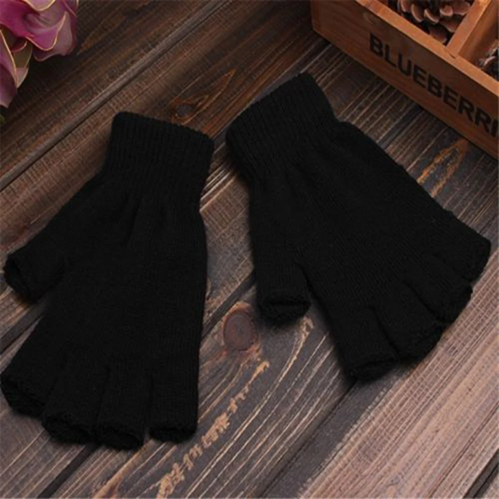 New Black Fingerless Knitted Gloves Men/Women Warm Stretch Elastic Fashion Winter Outdoor Half Finger Warm Cycling accessories