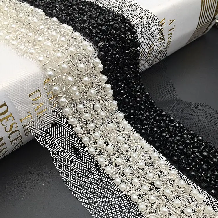 1Yard Black Pearl Beaded Lace Trim Mesh Lace Ribbon Fabric Clothes Decoration Wedding Dress Collar Sleeve African Lace Applique