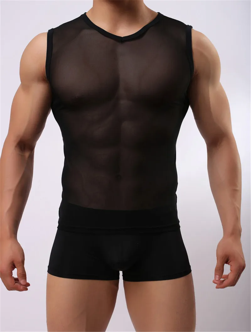 Mannen Sexy Gym Spier See-Through Ondergoed T-Shirt Mouwloos Mesh Top Hemd Nachtkleding