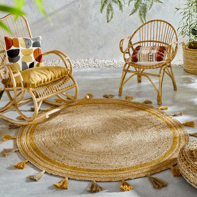 Rug Cloth and 100% Natural Jute Braided Style Reversible Round Carpet Home Living Modern Area Rag Lace Rug