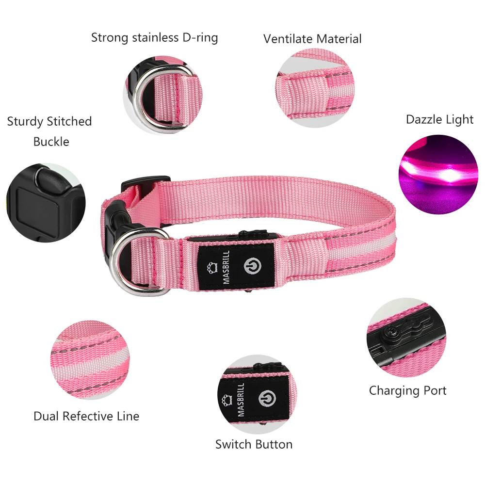 MASBRILL Light Up Dog Collar Waterproof USB Rechargeable Glowing Adjustable Night Safety Nylon Luminous LED Bright Pet Collars