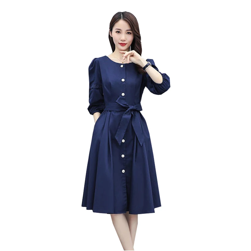 2022 Spring New Women's Dresses Women's Mid-Length Shirt Dress Fashion A-line Skirt Five-Point Sleeve Blue Thin Dress