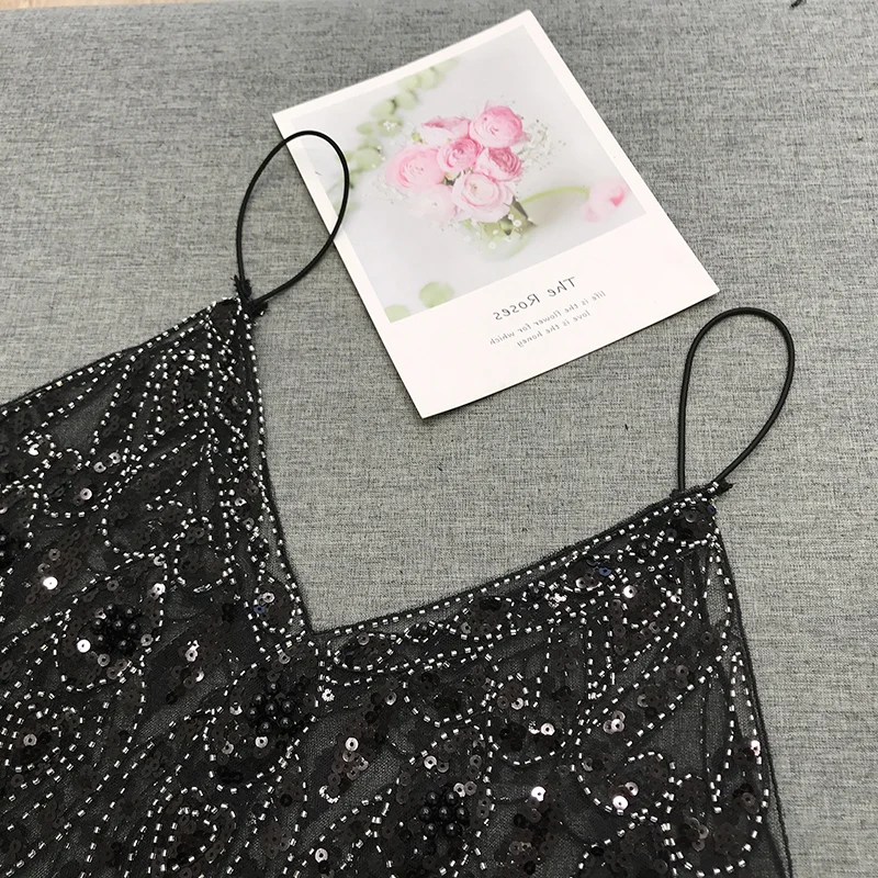 H80&S90 Summer Sexy Beading Sequins Camis Women Tops Fashion Solid Sleeveless V-Neck Female Tank Tops Loose Party Club Newest