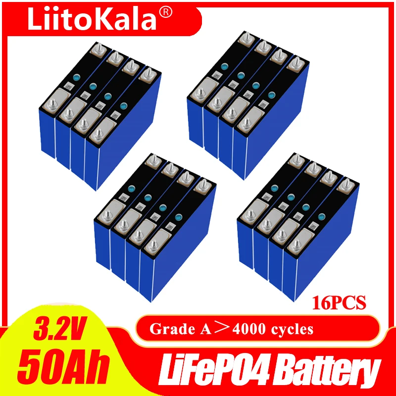 

16pcs LiitoKala 3.2V 50Ah Lifepo4 Cell Lithium iron Phosphate for 12V 50Ah 24V Rechargeable Battery Pack 48V Solar Energy Storag