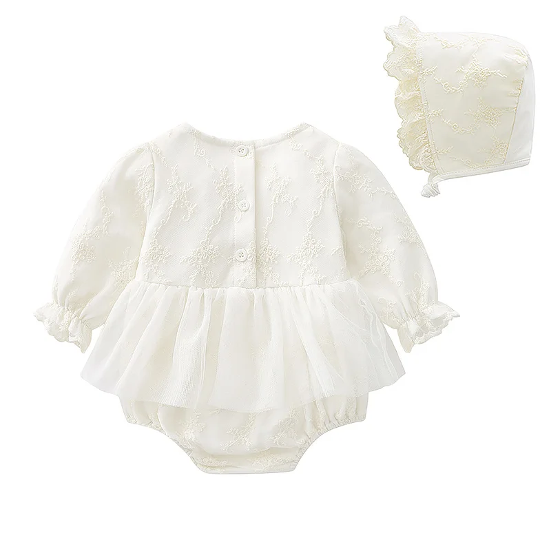 Spring Autumn Lace Flowers Newborn Baby Girl Bodysuits Long Sleeve Princess Infant Girls Jumpsuits Clothes + Hats
