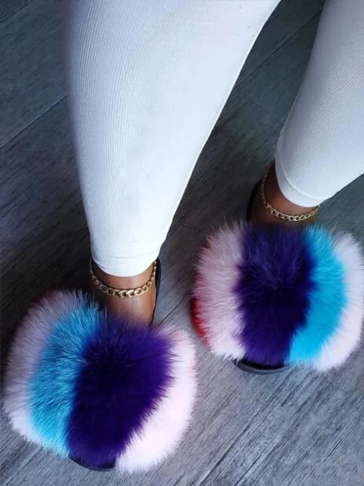 Fur Slides Fashion Summer Ladies High Quality Sandals Fluffy Big Fur Slippers Flat Soft Furry Shoes Women Amazing Fur Slippers