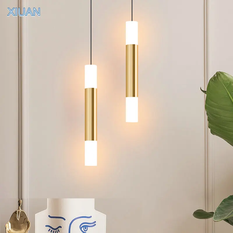 Modern Art Gold Pendant Lamp for Bedroom Bedside Lighting AC 220V Long Cable LED Hanging Suspended Light Bar Kitchen Fixture