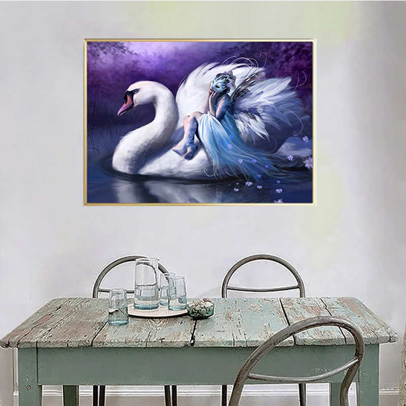 Modern Posters and Prints Angel Women and White Swan Print Oil Painting Canvas Wall Art Pictures for Living Room Home Decor