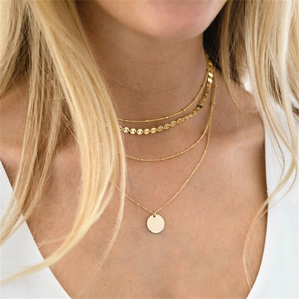 Fashion Multilevel Gold-plate Simple Geometric Rectangle Round Sequin Pendant Necklace For Women Female Chain Collar Jewely Gift