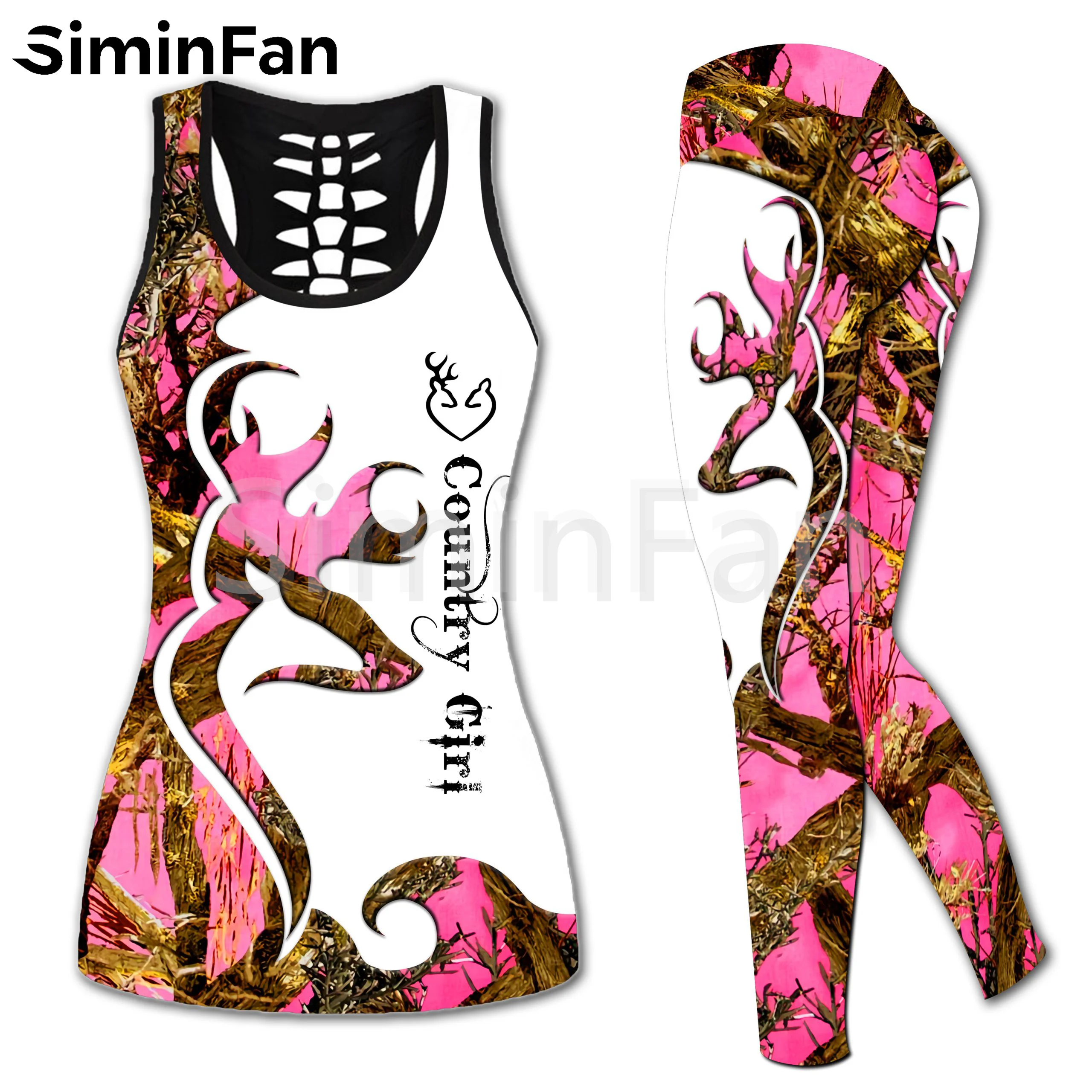 

Country Girl Combo Outfit Two Piece Yoga Sets Women 3D Printed Hollow Out Tank Top Leggings Summer Vest Casual Sports Pant Suits