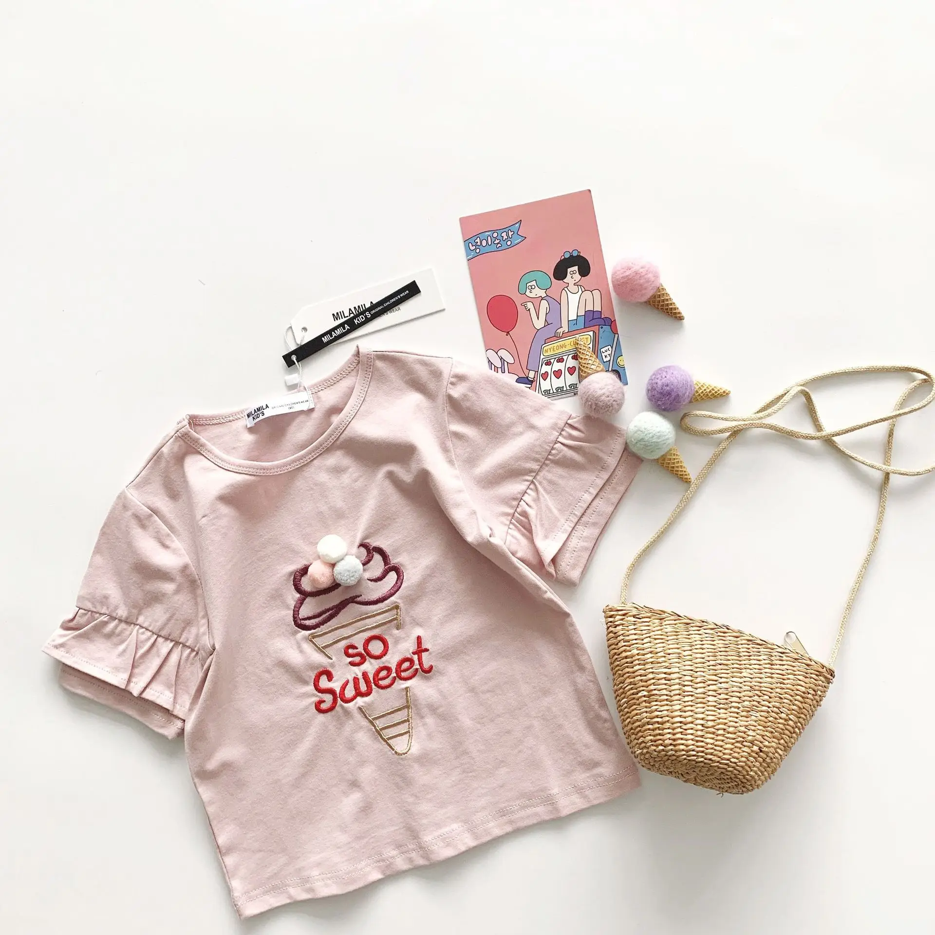 

Tonytaobaby Summer New Female Baby Cartoon 5-sleeve Pink Sweet Tube Girls Short Sleeve T-shirt Girls Tops