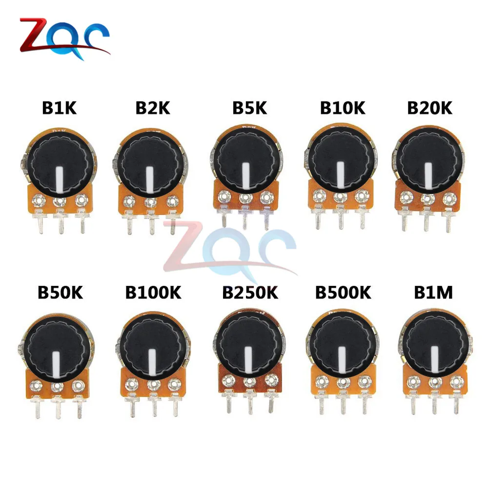 5PCS/Lot Potentiometer Resistor 1K 2K 5K 10K 20K 50K 100K 250K 500K 1MΩ 3 Pins Linear Taper Rotary Potentiometer Cap for Arduino