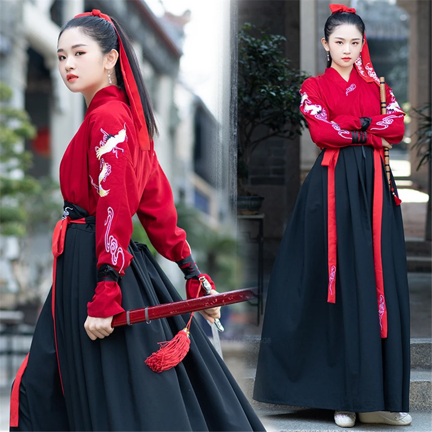 

Chinese Traditional Hanfu Martial Arts Crane Embroidery Robe Swordsman Folk Dance Kimono Japanese Cardigan Long Skirt Unisex