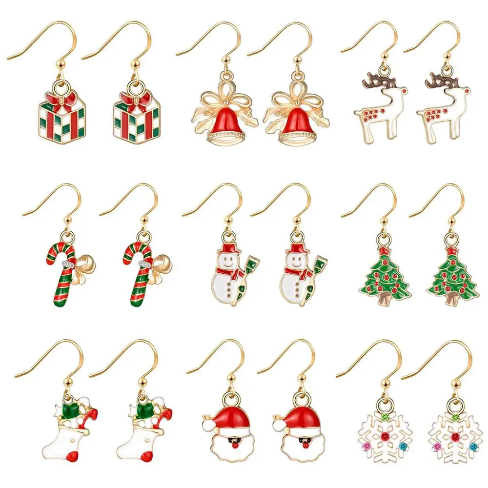 BONISKISS 6/9 Pairs Christmas Earrings for Women Drop Studs Elk Cartoon Bell Santa Claus Snowflake Xmas Dangle Earings Jewelry