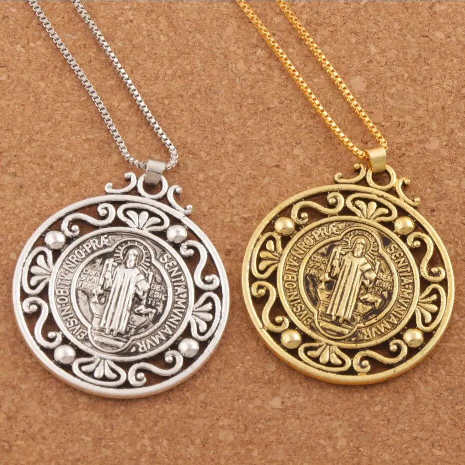 2Pcs Retro Saint St Benedict of Nursia Patron Against Evil Medal Pendant Necklaces N1787 24inches 2Colors Tibetan Silver