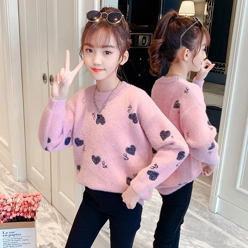 

Teenage Kids Sweaters Autumn Winter Heart Pattern Girls Knitted Clothes Children's Mink Warm Knitwear For Girls 4 7 8 9 11 12 14