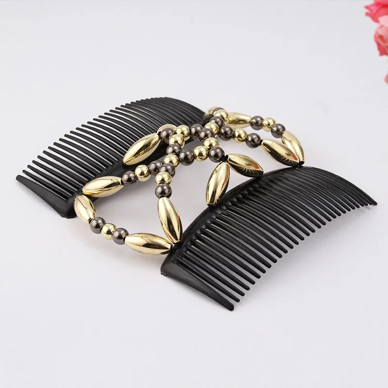 Hot Women Ladies Elastic Hairpin Stretch Double Magic Hair Comb Handmade Beaded Black Hair Clip Maker DIY Styling Tool 3 Colors