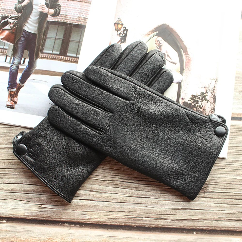 Guantes de piel de venado corrugados negros a la moda para hombre, forro de terciopelo de cuero, piel de conejo de imitación, guantes cálidos a