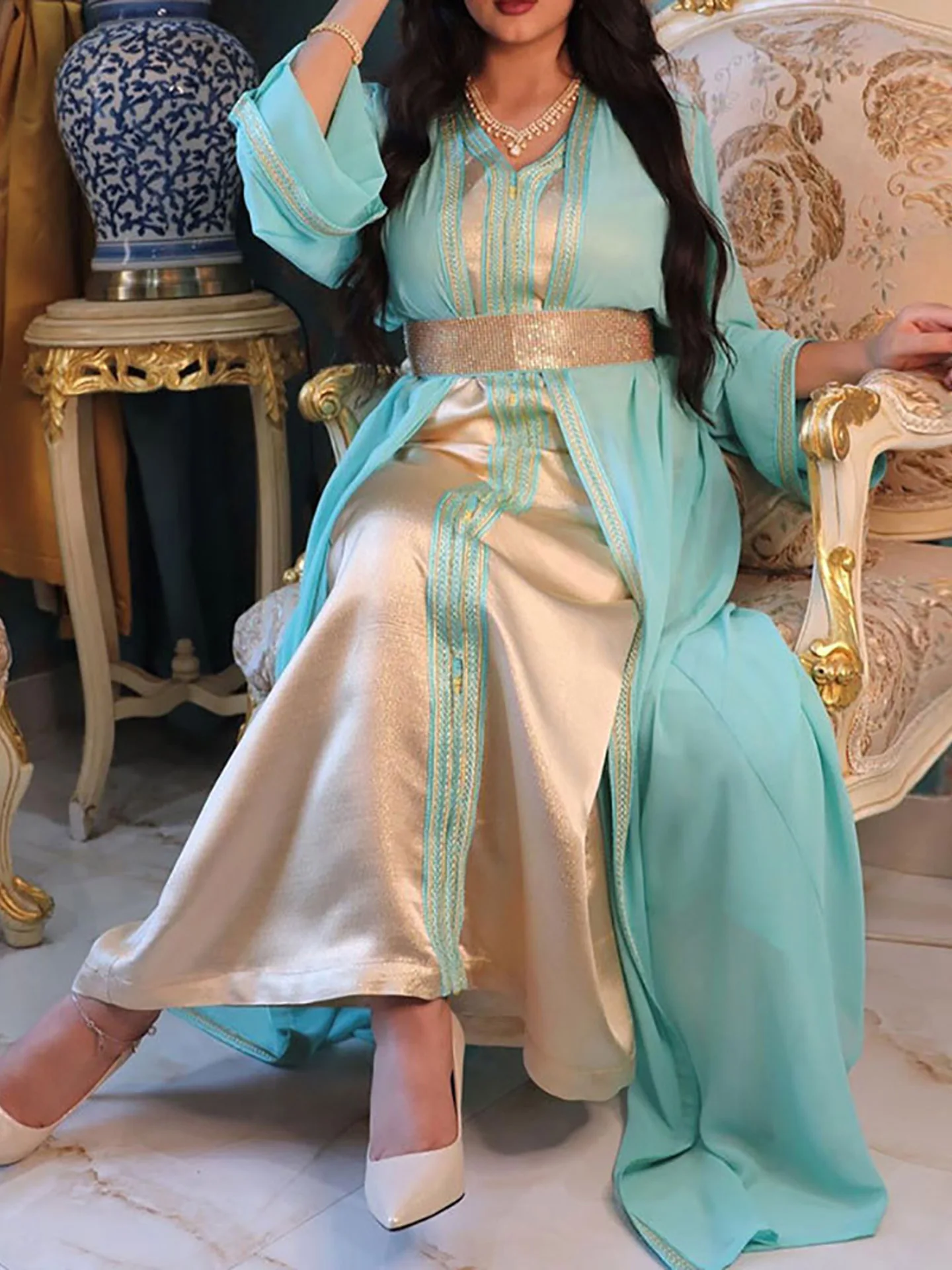 Diamonds Moroccan Takchita Kaftan Women, Chiffon Overdress+Satin Inner Dress, Arabic Party Wedding Gown, Muslim Ramadan Abaya