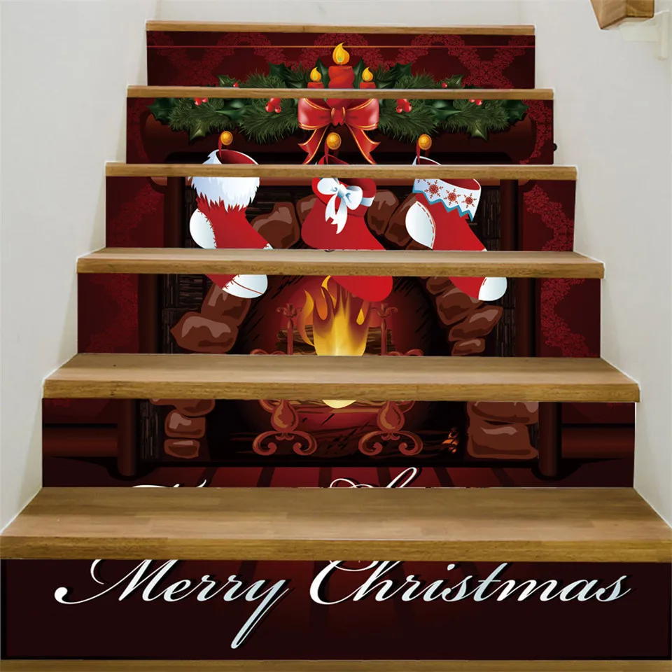 Christmas Tree Fireplace Wallpaper For Stairs Peel And Stick Vinyl  Staircase Decal 3D Snow Santa Claus Stair Sticker Home Decor