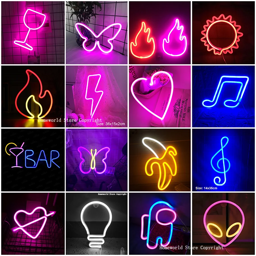 40 Style LED Neon Light Sign Logo Lamp Decoration Ornaments LOVE Heart Alien Fire Banana Lightning Wine glass Room Party Gift