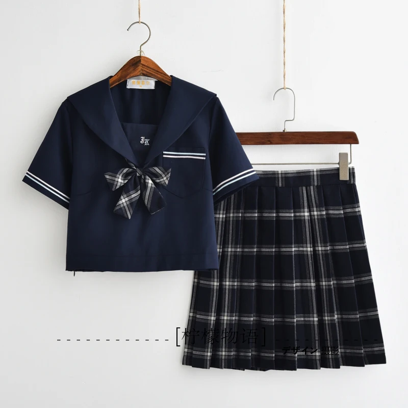 Japanese School JK Uniform Set Sailor Collar Black Plaid Skirt Navy Top Suits Summer Autumn Students Girls 3 Piece Set Daily