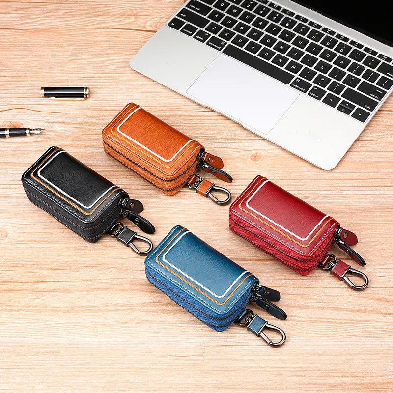 Fashion Genuine Leather Key Wallets Men Simple Car Key Holders Top Quality Double Zipper Keychain Case Women Housekeeper Purse