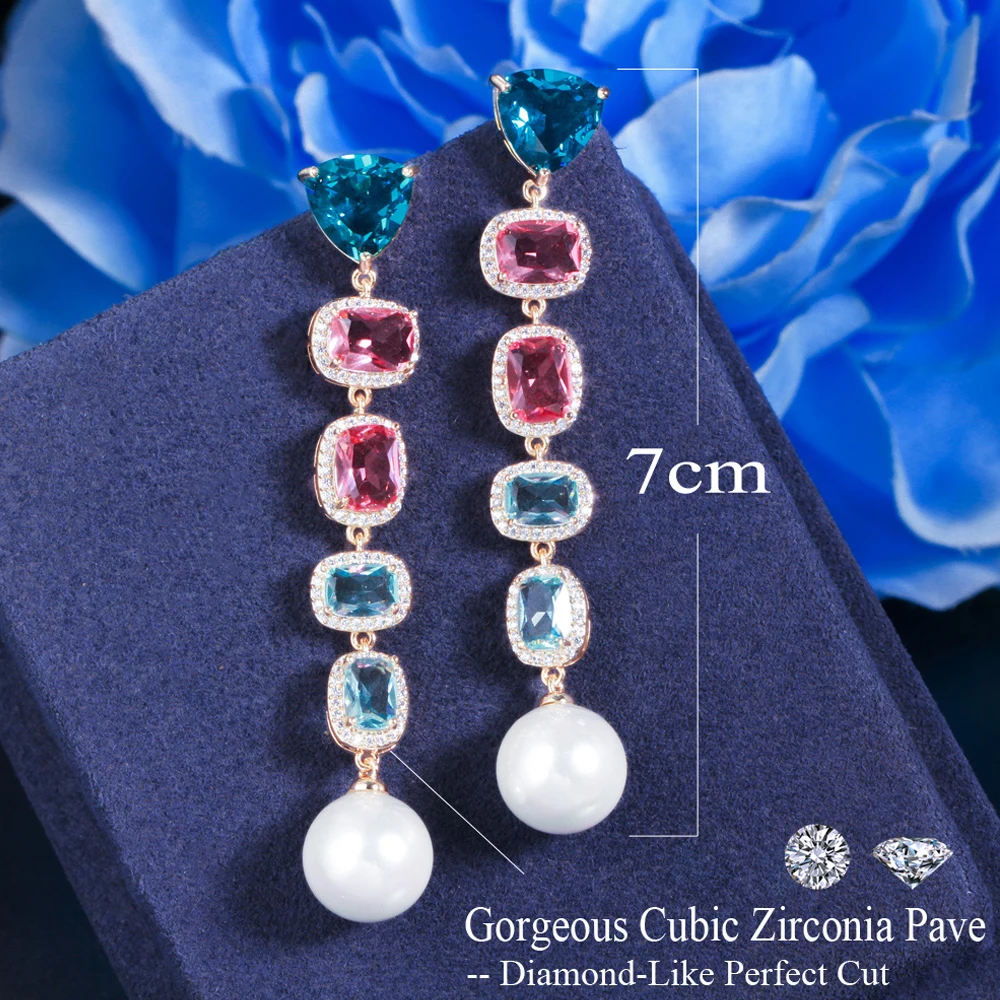 BeaQueen Geometric Multicolor Cubic Zircon Long Drop Dangle Pearl Earrings for Women Engagement Wedding Party Jewelry Gifts E432