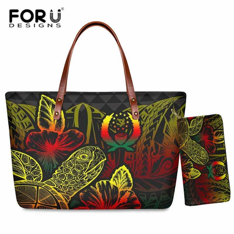 

2pcs Handbags and Wallet Set Pohnpei Tribal Turtle with Hawaiian Flower Print Women Tote Bag Large Capacity Shoulder Bags Clutch