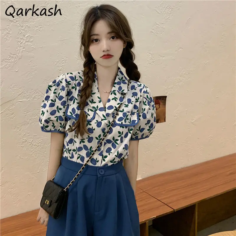 

Shirts Women Retro Print Harajuku Summer Romance Turn Down Collar Female Holiday Blusas Casual All-match Slim Ins Puff Sleeve