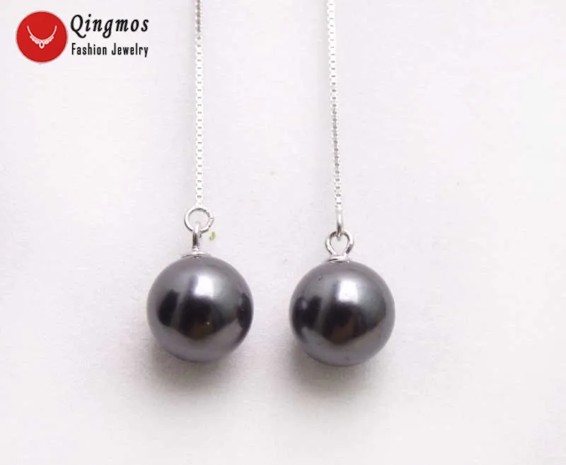 

Qingmos 10mm Black Round Sea Shell Pearl Earrings for Women with Genuine Sterling Silver S925 Ear Line 4'' Dangle Earring e667
