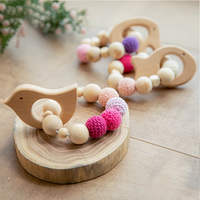 Wooden Rattle Teether Baby Toys Crochet Beads Baby Teether Baby Nursing Bracelet Rattle Chewable Teething Beads For Kids Gifts