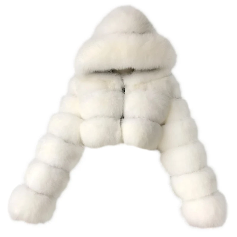 Women Winter Fluffy Furry Long Sleeve Jacket Hooded Full Zipper Solid Color Cropped Short Coat Luxury Warm Outwear S-2XL