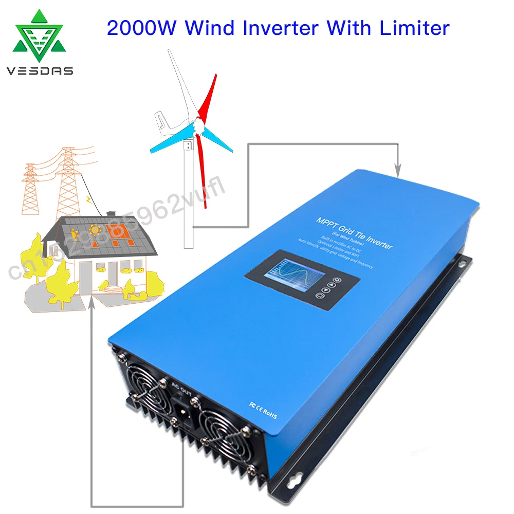 Inversor Grid Tie com Sensor Limitador Onda Senoidal Pura Gerador de Turbina Eólica Mppt de Energia Eólica 110v 220v 24v 48v 1000w 2000w
