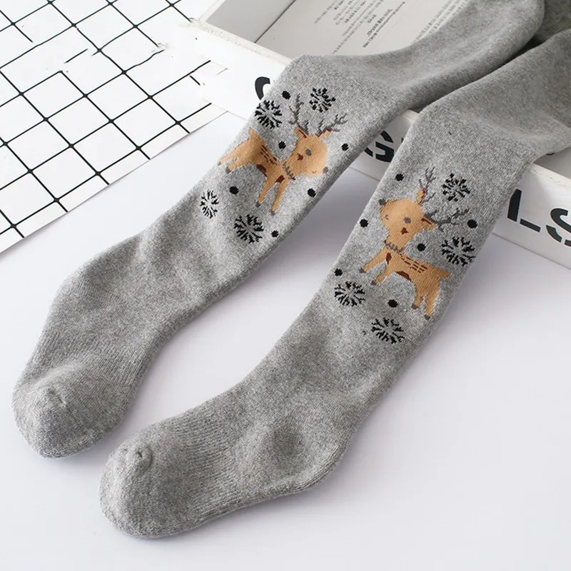 2pcs 2021 Children Winter New Thickened Terry Pantyhose Baby Warm Leggings Cartoon Deer Tights Suitable For 1-6Years Gray Black