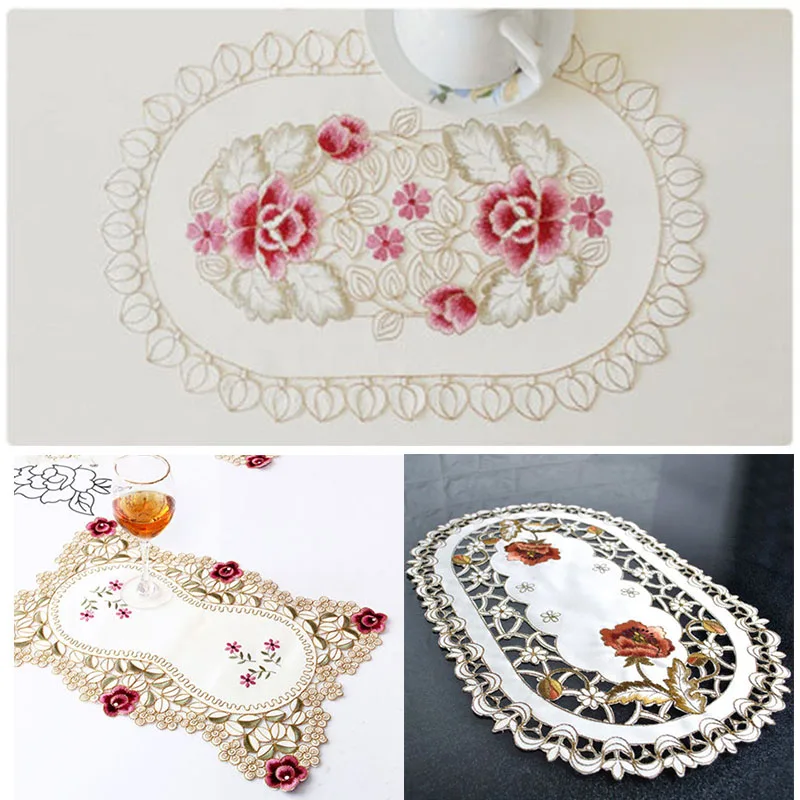Home Dining Table Place Mat Vintage Embroidered Lace Fabric Placemat 30x45cm Floral Oval Table Cloth Placemat Home Tablecloth