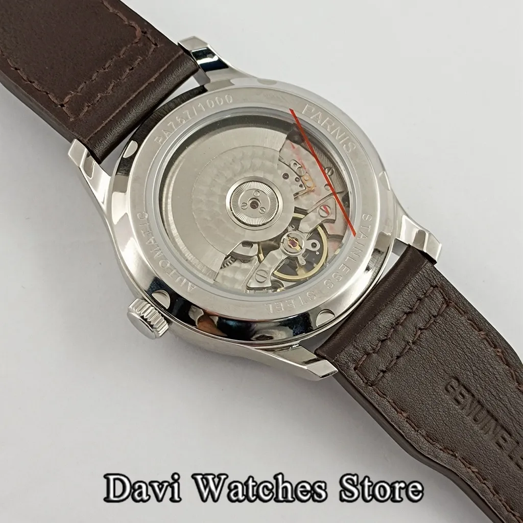 Parnis 43mm Luxury Power Reserve Automatic Men\'s Watch Leather Strap White Dial Mechanical Seagull Movement Relogio Masculino