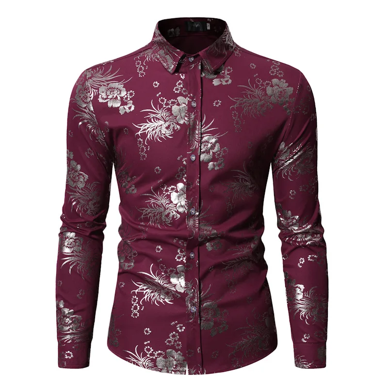 

Fashion Bronzing Floral Nightclub Shirt Men Camisas Hombre 2020 Brand Slim Fit Long Sleeve Mens Dress Shirts Business Chemise