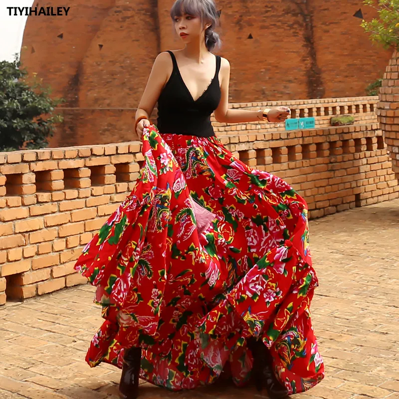 TIYIHAILEY Free Shipping 2021 New Fashion Long Maxi A-line Elastic Waist Women Cotton Black Skirts Flower Print Skirts Big Hem